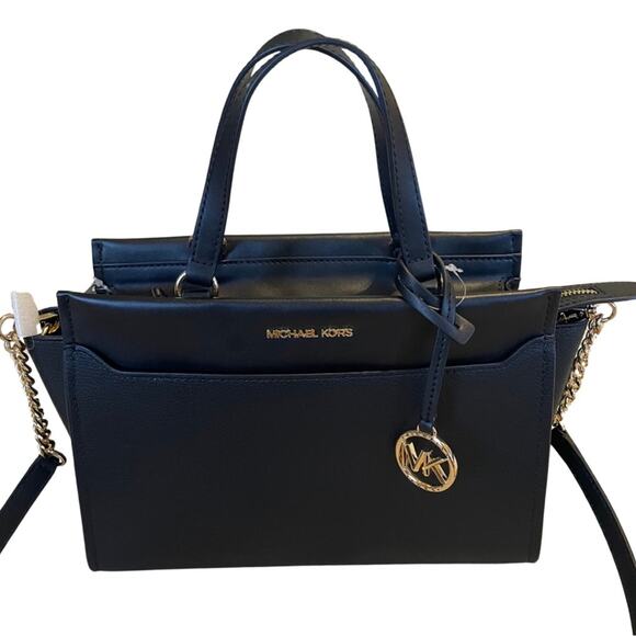 Michael Kors Graham Convertible Crossbody Handbag Satchel Black Leather Gold - Picture 2 of 16